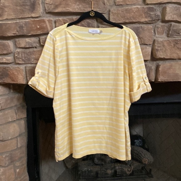 Calvin Klein yellow and white striped shirt with cuffed sleeves. 1X - Picture 1 of 7